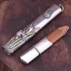 *sold etsy* Antique Sterling Silver Chatelaine Pencil Case Enamel Iris Repousse